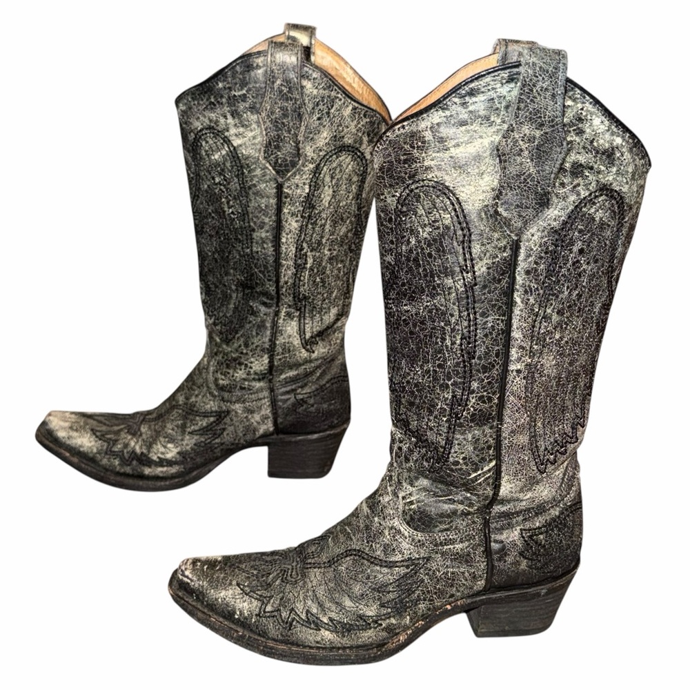 Circle G Black Leather Distressed Wing & Cross Western Cowgirl Boots - Size 6.5 - Picture 6 of 13